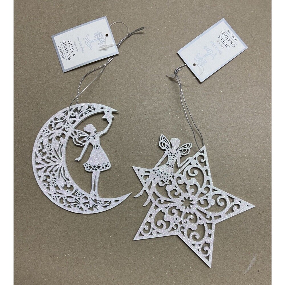 Gisela Graham London Christmas Ornaments Wooden Star and Moon Fairy Cutout Set